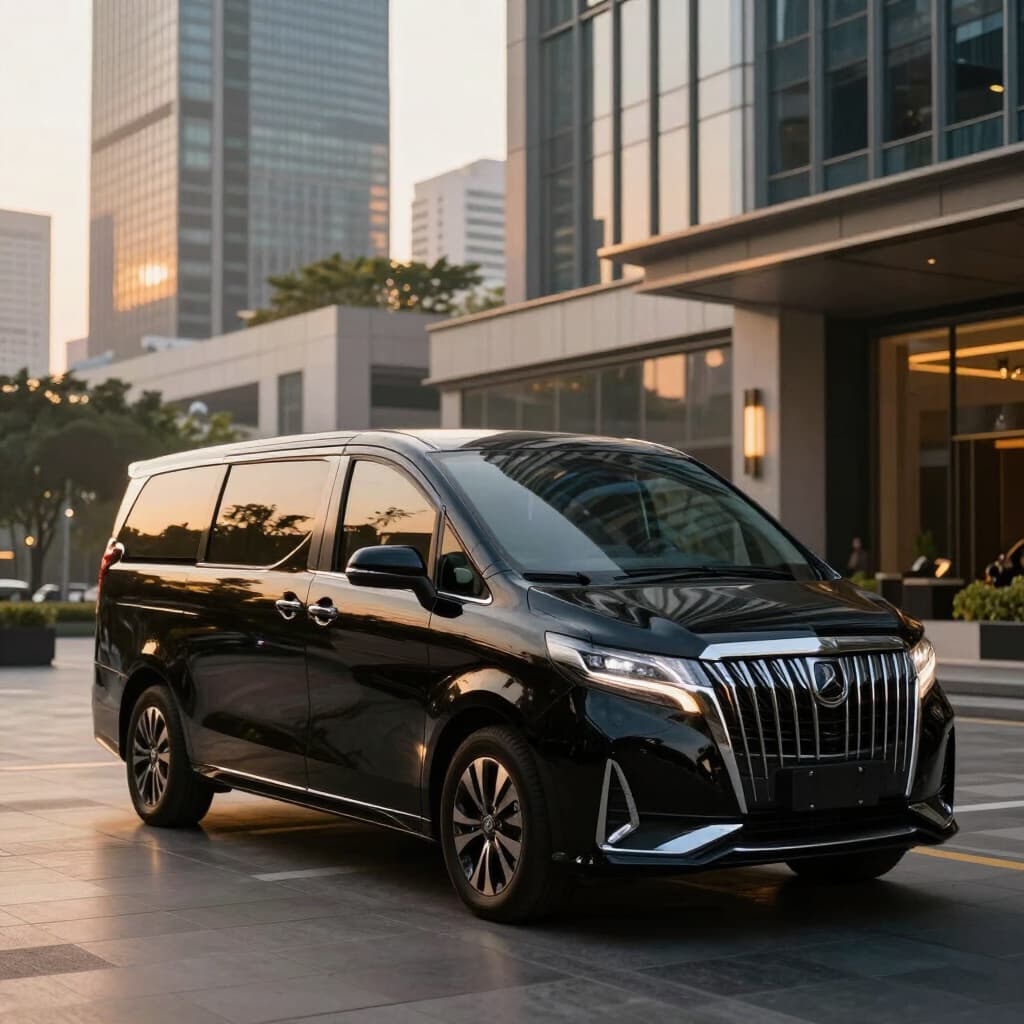 Black mödl luxury van parked outside a city tower at dusk