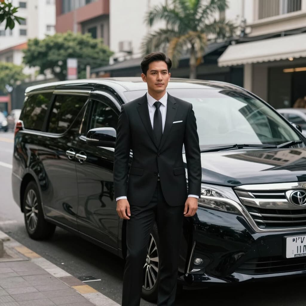 mödl partner chauffeur beside a black van